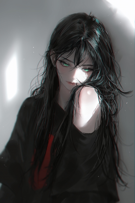 厚涂 长发 黑衣服美女 绿色眼睛 手机壁纸高清4k竖屏