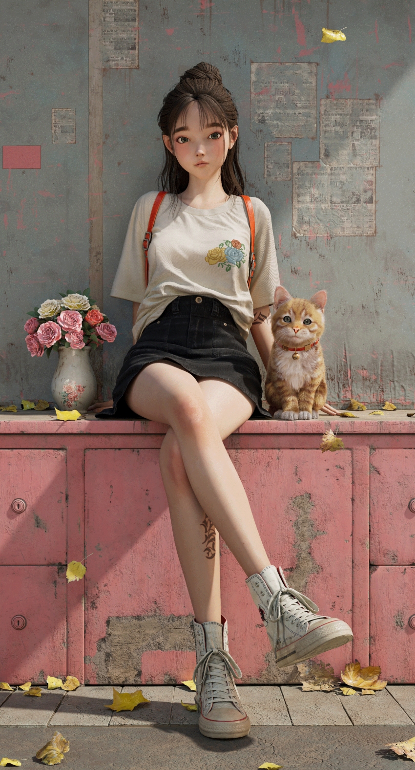 女孩 猫 花朵 静物 4K高清手机壁纸