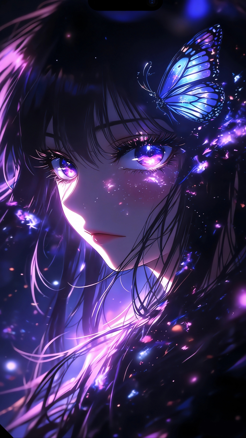 少女长发蝴蝶 蓝紫色眼睛 4K手机壁纸图片