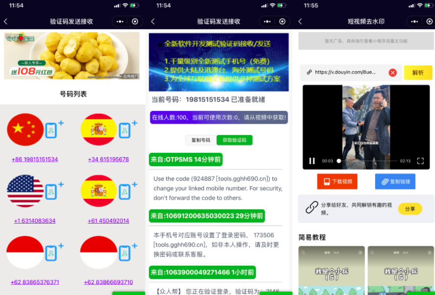 全球手机验证码发放+短视频去水印等组合微信小程序源码支持多种流量主-参考资源